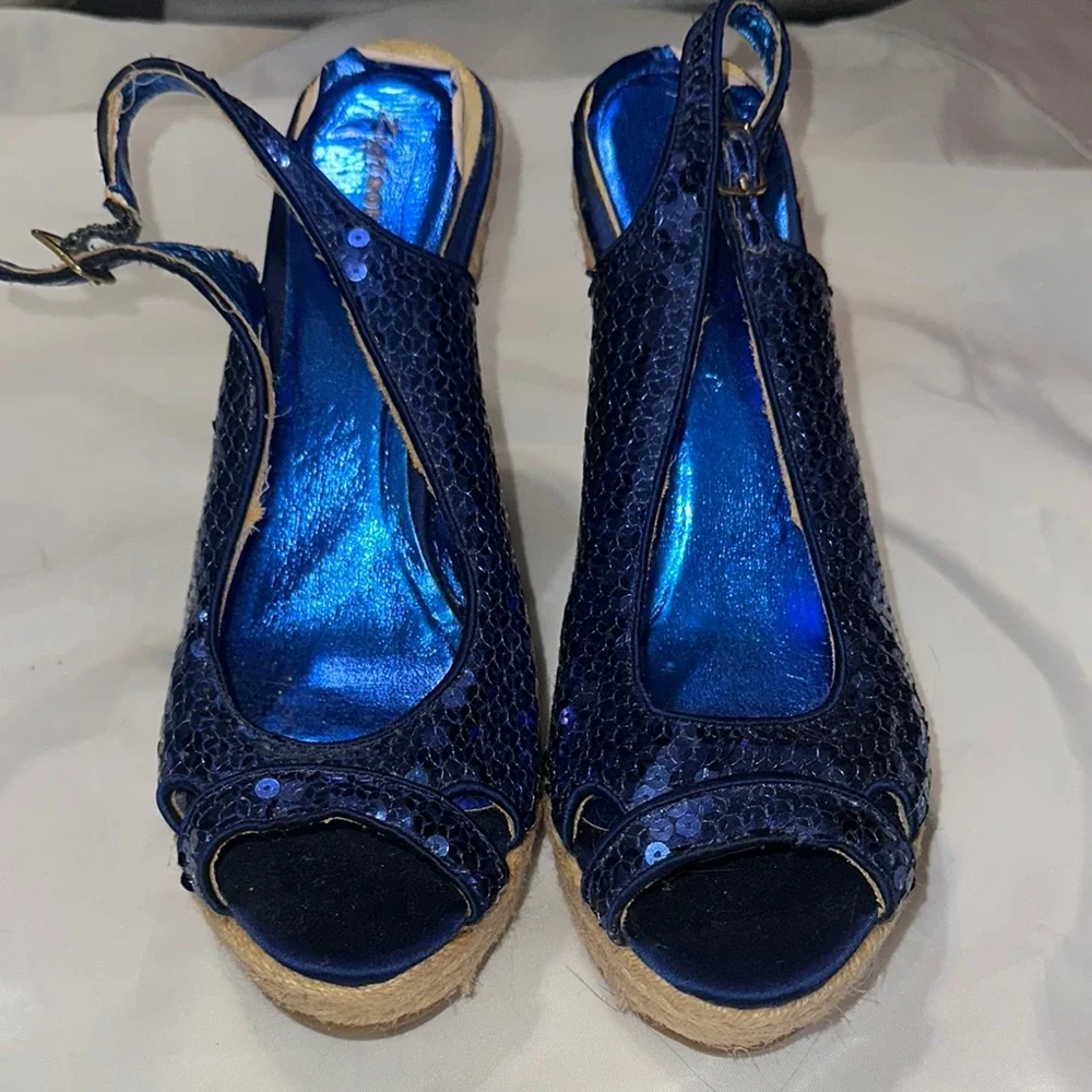 Blue Sequin Wedge Sandals Size‎ 9.5 Showoff Show Off